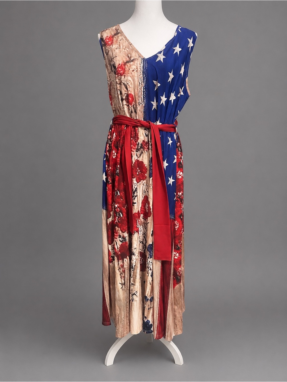 Sleeveless V-Neck Maxi Dress in Blue, Red & Beige